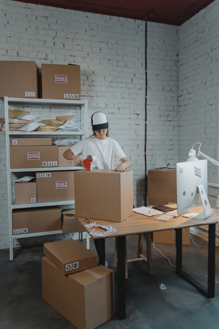 A warehouse worker in uniform packaging boxes for delivery in an organized storage area.